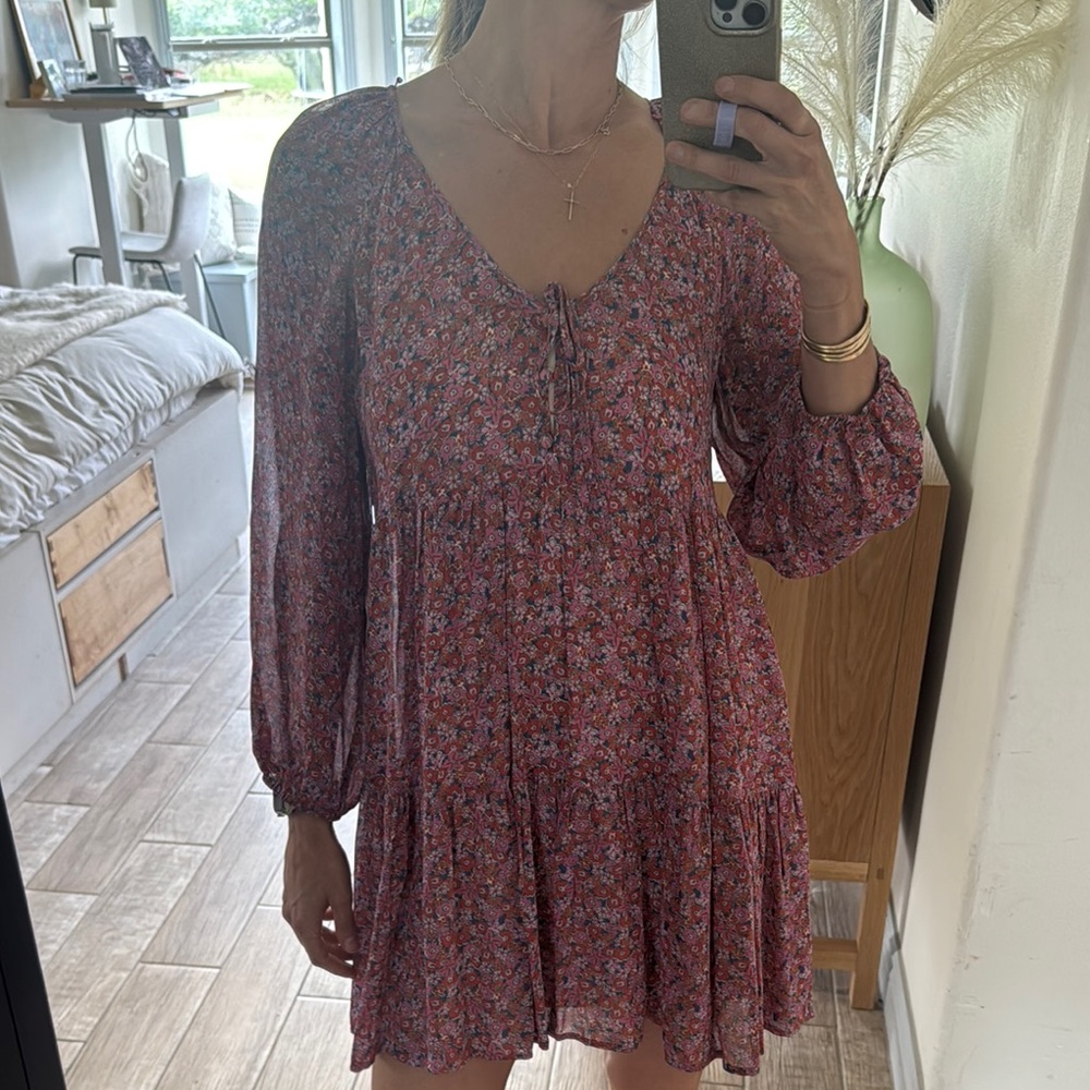 Sanctuary Purple Pink Buttoned Tiered Long Sleeve Dress